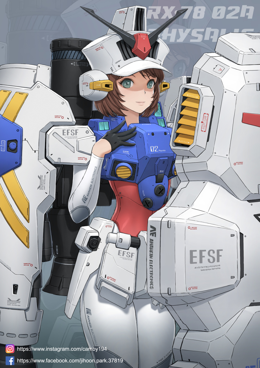 1girl, absurdres, armor, bigunit, black_gloves, bodysuit, brown_hair, character_name, commentary_request, cowboy_shot, female_focus, gloves, green_eyes, grey_background, gundam, gundam_0083, gundam_gp-02_physalis, hand_on_own_chest, hand_up, hat, highres, looking_at_viewer, mecha, mecha_musume, robot, shield, short_hair, skin_tight, solo, thrusters, v-fin, watermark, web_address