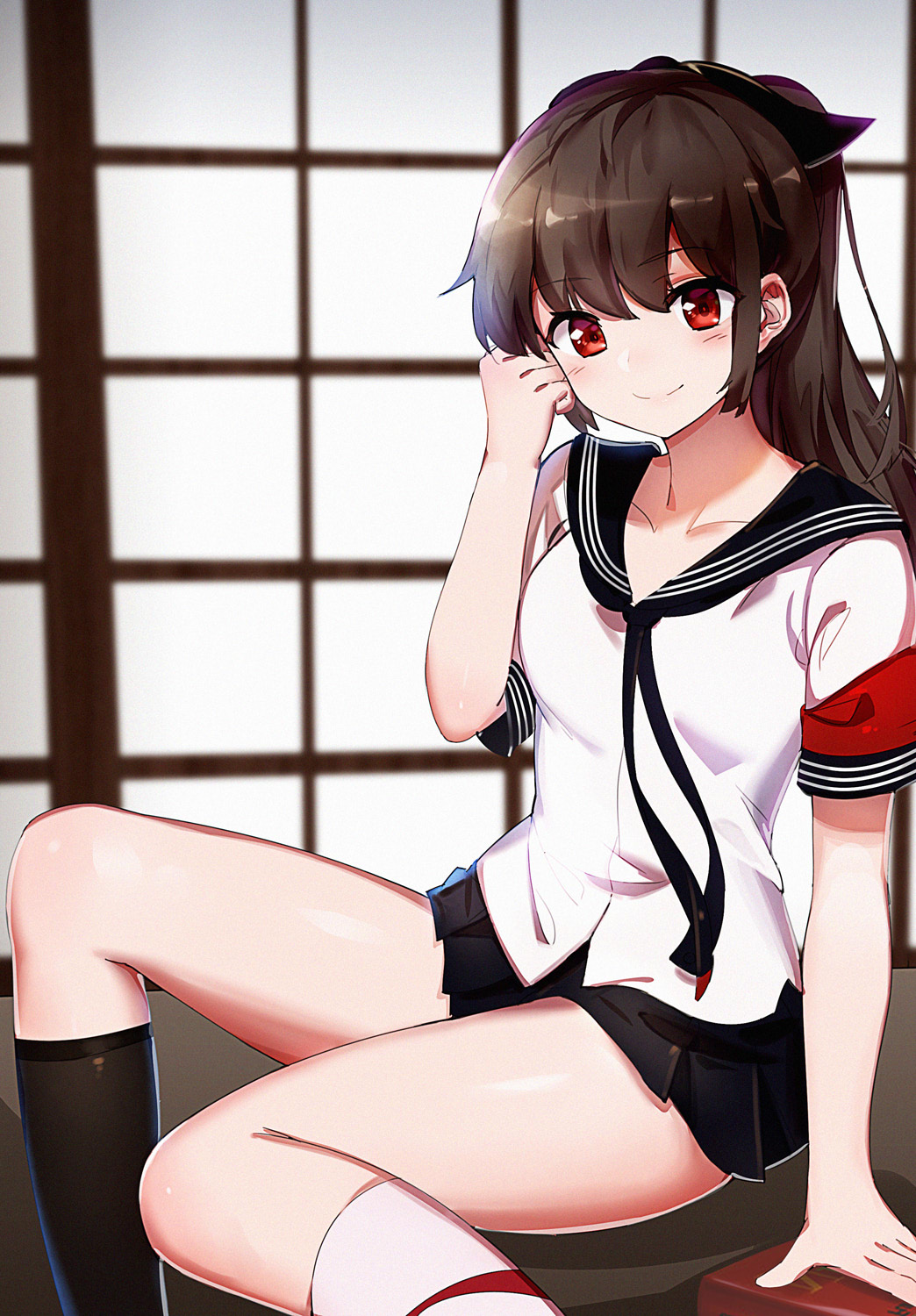1girl, arm_support, asymmetrical_legwear, black_neckwear, black_ribbon, black_sailor_collar, black_skirt, black_socks