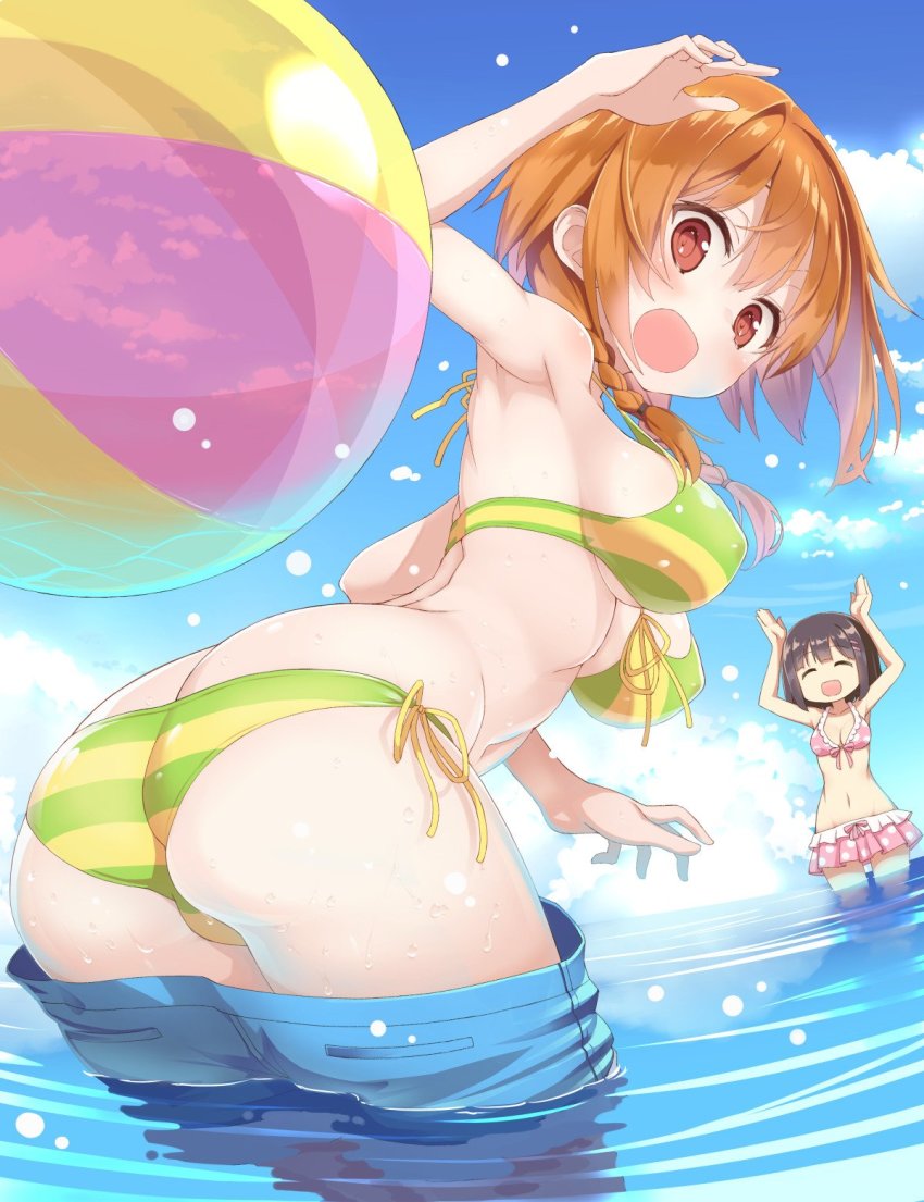 2girls, amano_akari, arm_up, armpits, arms_up, ass, baakurou, ball, beachball, bent_over, bikini, bikini_skirt, black_hair, blue_pants, blue_sky, blush, bra, braid, breasts, butt_crack, closed_eyes, clothes_pull, cloud, cloudy_sky, commentary_request, day, denim, dutch_angle, front-tie_bikini_top, front-tie_top, green_bikini, hair_tie, highres, jeans, looking_at_viewer, looking_back, lowleg, lowleg_bikini, medium_breasts, multicolored_stripes, multiple_girls, natsuki_hinata, navel, ocean, open_mouth, outdoors, pants, pants_pull, pink_bikini, polka_dot, polka_dot_bra, side-tie_bikini_bottom, sky, smile, striped_bikini, striped_clothes, swimsuit, tonari_no_kyuuketsuki-san, transparent, twin_braids, underwear, wading, wet, yellow_bikini