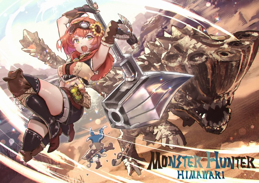 1girl, action, ahoge, armpits, barroth, battle, black_thighhighs, blush