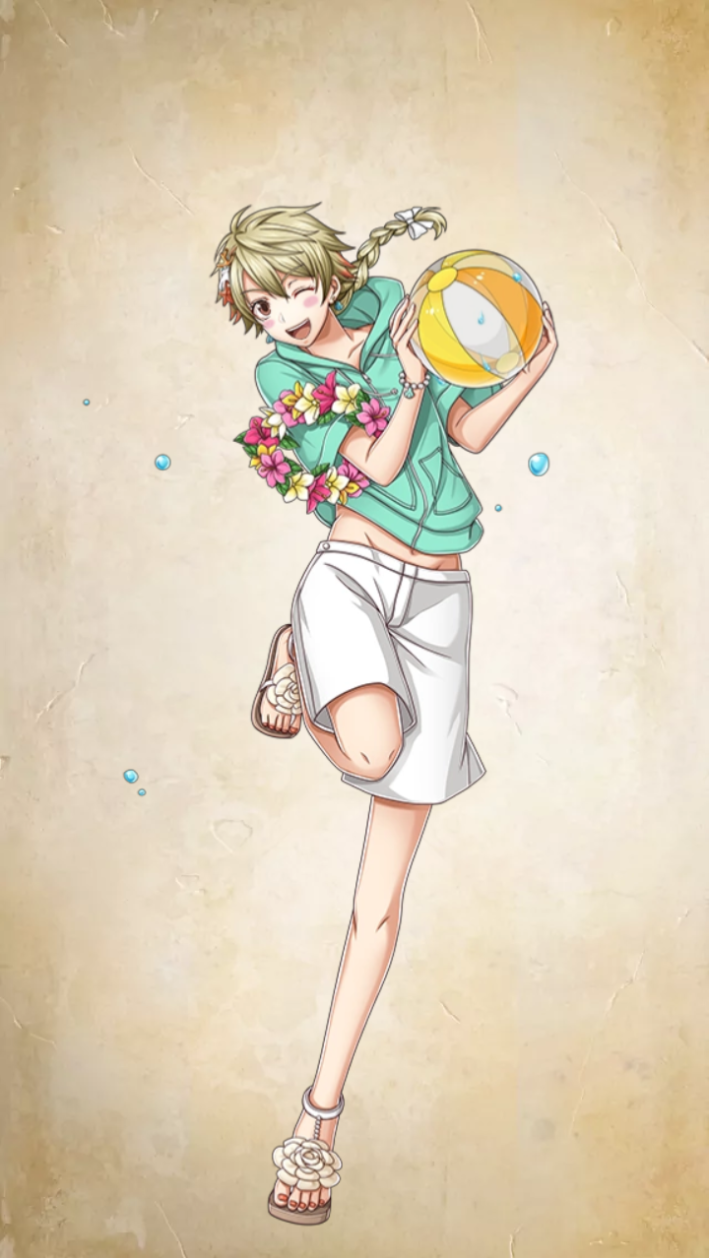 1boy, ;d, androgynous, anime_screenshot, ball, beachball, blonde_hair, blush_stickers