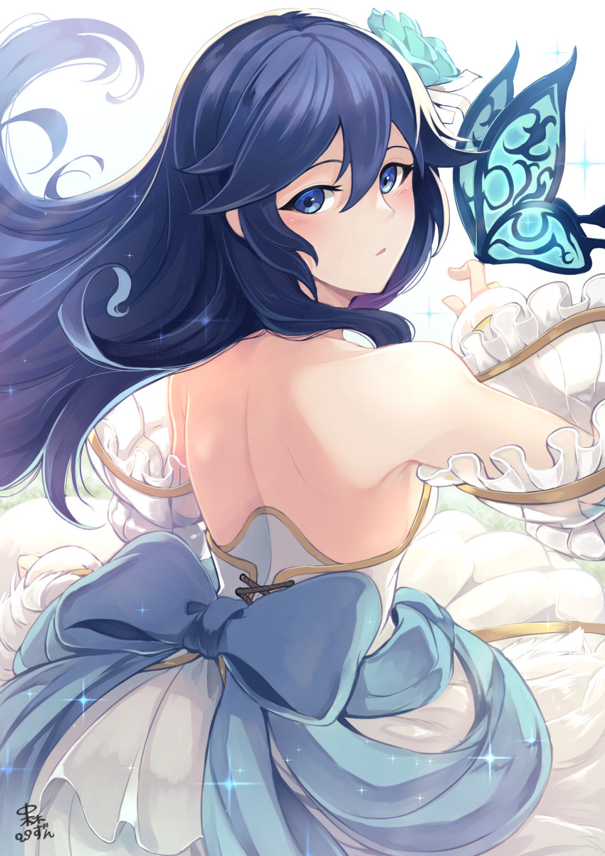 1girl, back, back_focus, bare_shoulders, blue_eyes, blue_hair, blush, bouquet, bride, bride_(fire_emblem), bug, butterfly, dress, female_focus, fire_emblem, fire_emblem_awakening, fire_emblem_warriors, flower, hair_between_eyes, hair_flower, hair_ornament, highres, insect, long_hair, looking_at_viewer, lucina_(bridal)_(fire_emblem), lucina_(fire_emblem), nakabayashi_zun, nintendo, simple_background, solo, strapless, strapless_dress, tiara, veil, wedding, wedding_dress, white_dress