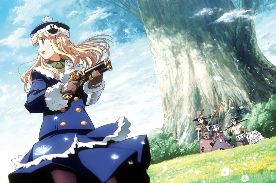 3girls, :d, atlus, bell, black_legwear, blue_eyes, blue_hair, blush, braid, brown_hair, bushidou_(sekaiju), bushidou_1_(sekaiju), buttons, chain, cloak, cloud, coat, cowbell, curse_maker, curse_maker_2, day, doctor_magus, doctor_magus_2, etrian_odyssey, fangs, fantasy, flower, fur_trim, gloves, grass, gun, gunner_(sekaiju), gunner_2_(sekaiju), hand_on_own_hip, handgun, hat, holding, hood, jack_frost_(megami_tensei), jewelry, long_hair, looking_away, multiple_girls, nature, necklace, open_mouth, over_shoulder, pantyhose, pectorals, pet_(sekaiju), pet_1_(sekaiju), pleated_skirt, ponytail, sash, sidelocks, silver_hair, skirt, sky, smile, staff, standing, takahata_yuki, tiger, topless_male, tree, twin_braids, weapon, weapon_over_shoulder, wind, witch_hat