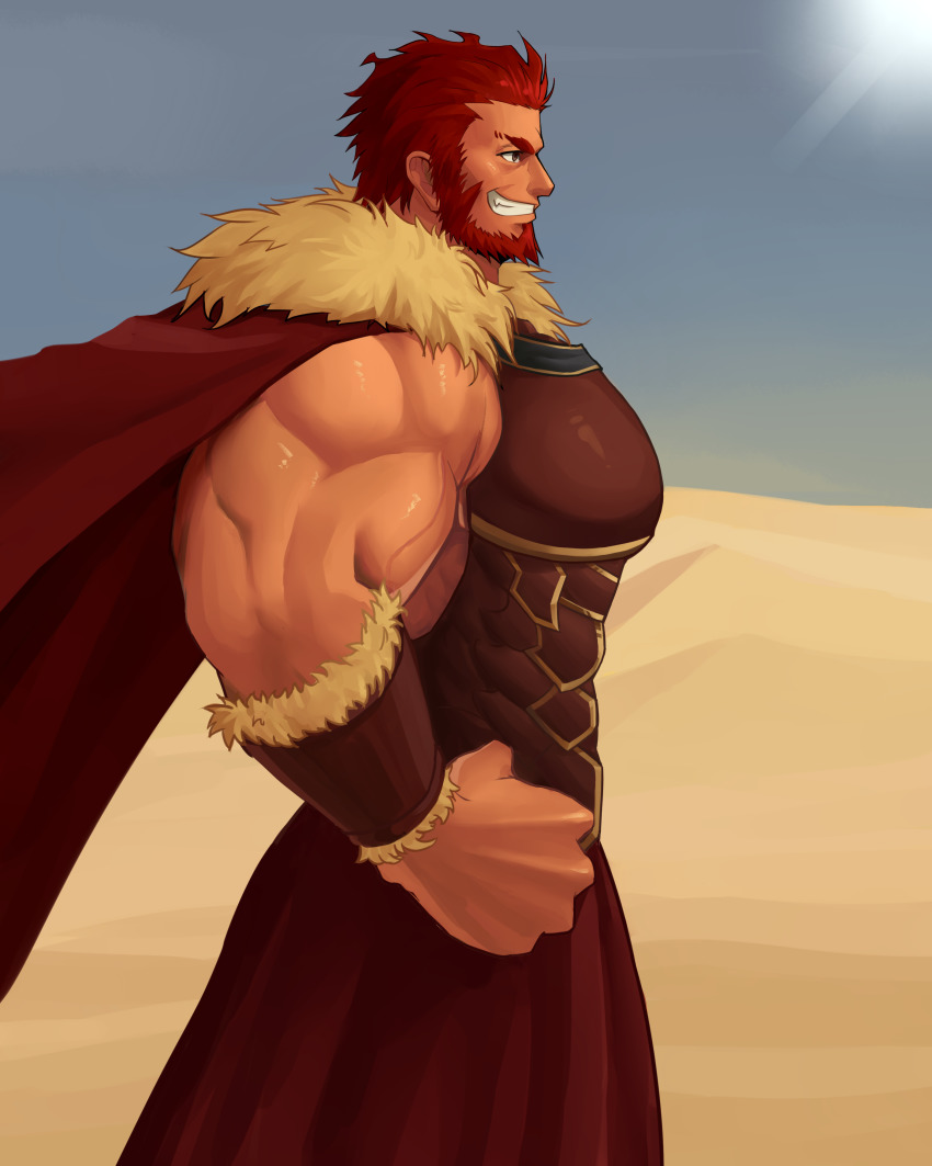 1boy, abs, absurdres, bara, beard, cape, cowboy_shot, facial_hair, fate/grand_order, fate/zero, fate_(series), hand_on_own_hip, highres, iskandar_(fate), large_pectorals, male_focus, manly, muscular, pectorals, red_eyes, red_hair, samuel, short_hair, solo, standing