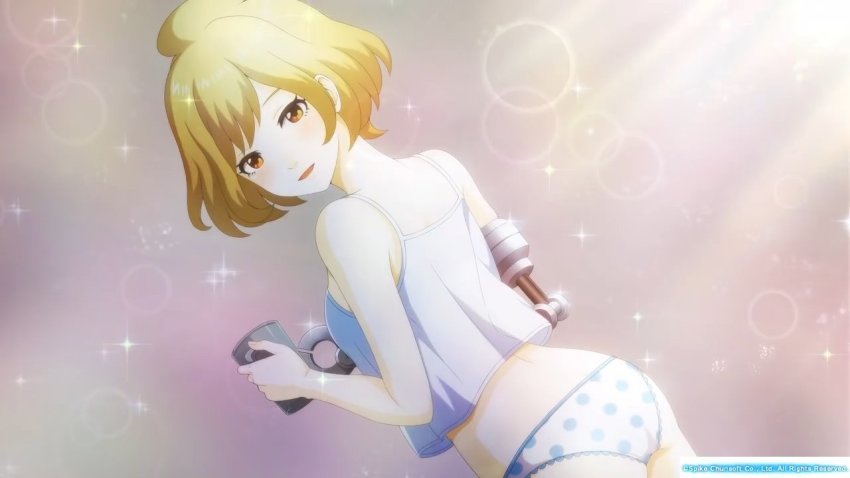 1girl, :d, blonde_hair, brown_eyes, dutch_angle, female_focus, hirasaka_sachika, holding