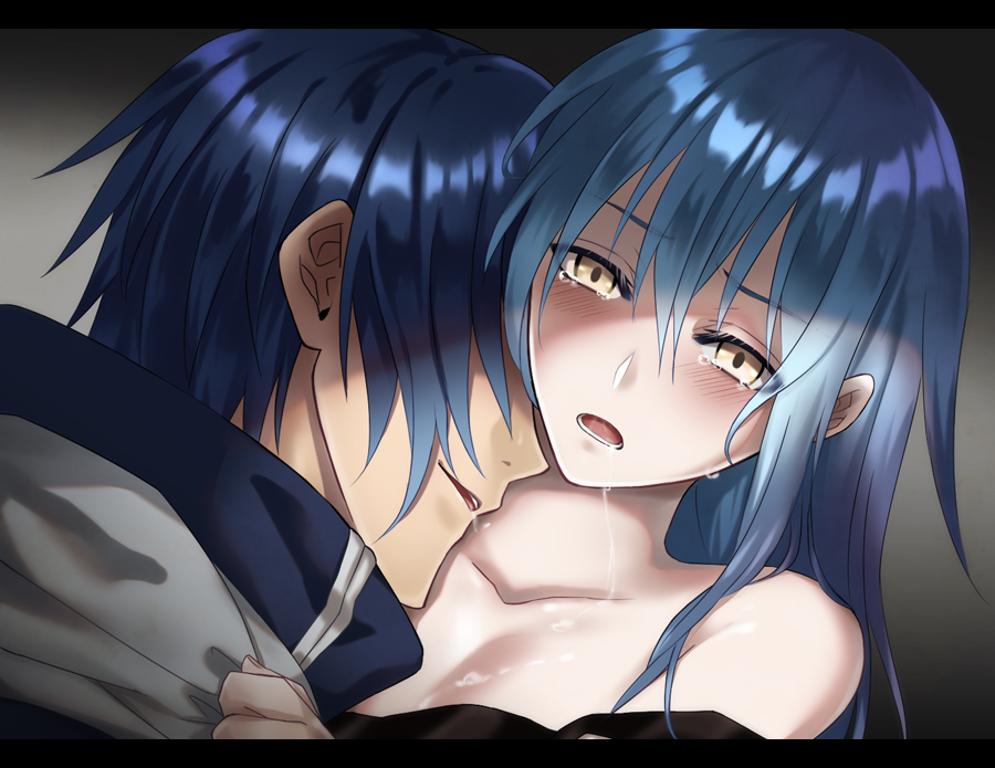 1boy, 1other, androgynous, blue_hair, blush, collarbone, couple, grey_background