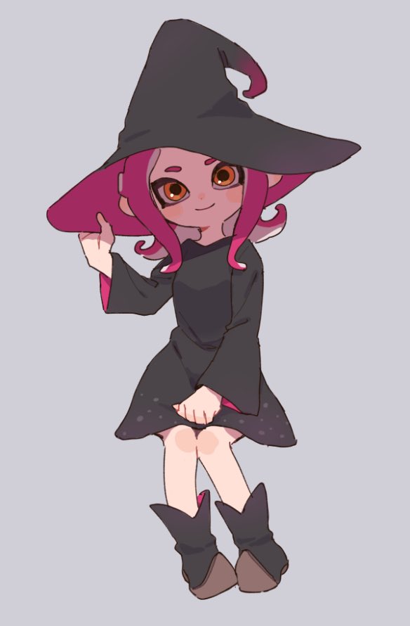 1girl, agent_8_(splatoon), bad_id, bad_twitter_id, black_dress, black_footwear, black_hat, boots, closed_mouth, commentary, dress, female_focus, full_body, gomi_(kaiwaresan44), grey_background, hand_on_headwear, hand_on_lap, hat, head_tilt, long_sleeves, looking_at_viewer, medium_dress, medium_hair, nintendo, octoling, octoling_girl, octoling_player_character, orange_eyes, pointy_boots, red_hair, shoes, simple_background, sitting, smile, solo, splatoon_(series), splatoon_2, suction_cups, tentacle_hair, witch_hat