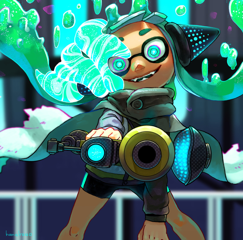1girl, agent_3_(splatoon), aiming, aiming_at_viewer, artist_name, bike_shorts, black_shirt, black_shorts