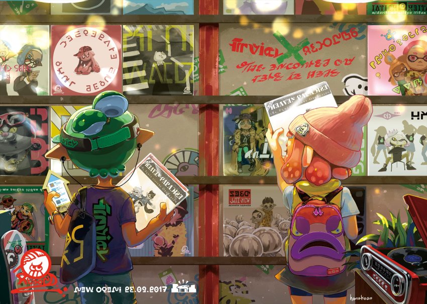 1boy, 1girl, artist_name, bag, beanie, bike_shorts, black_footwear, black_hat