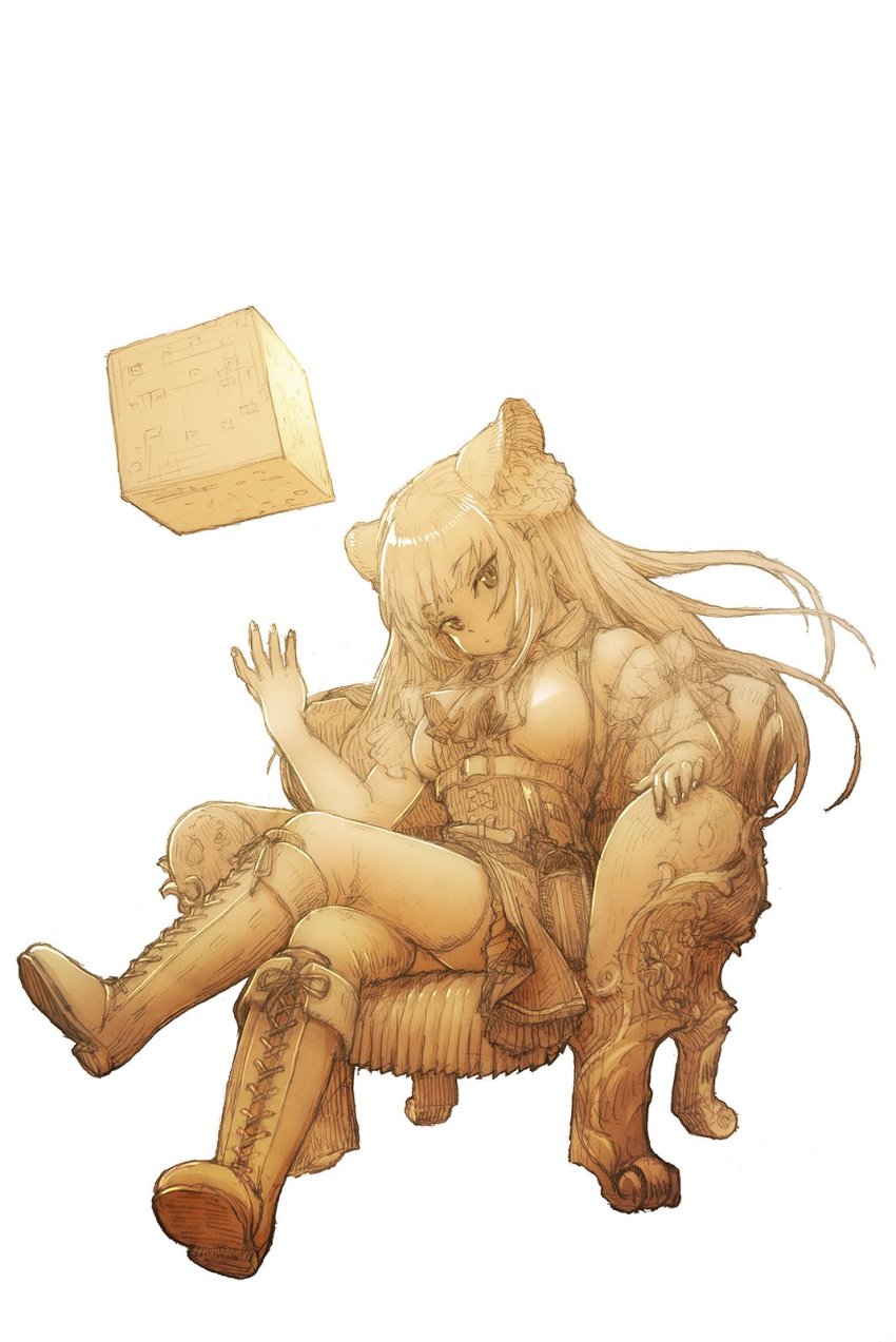 1girl, animal_ear_fluff, animal_ears, arm_garter, armchair, ascot, atelier_fraulein, bare_shoulders, boots, breasts, brown_theme, chair, closed_mouth, crossed_legs, cube, female_focus, feral_lemma, fingernails, full_body, hand_up, head_tilt, high-waist_skirt, highres, knee_boots, lace-up_boots, long_hair, medium_breasts, monochrome, on_chair, sepia, shidou_lio, shirt, sidelocks, simple_background, sitting, skirt, sleeveless, sleeveless_shirt, solo, thighhighs, very_long_hair, virtual_youtuber, white_background