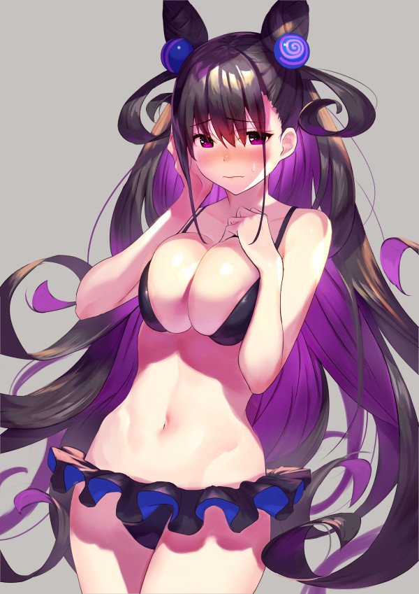 1girl, bikini, black_bikini, blush, breasts, cleavage, cone_hair_bun, double_bun