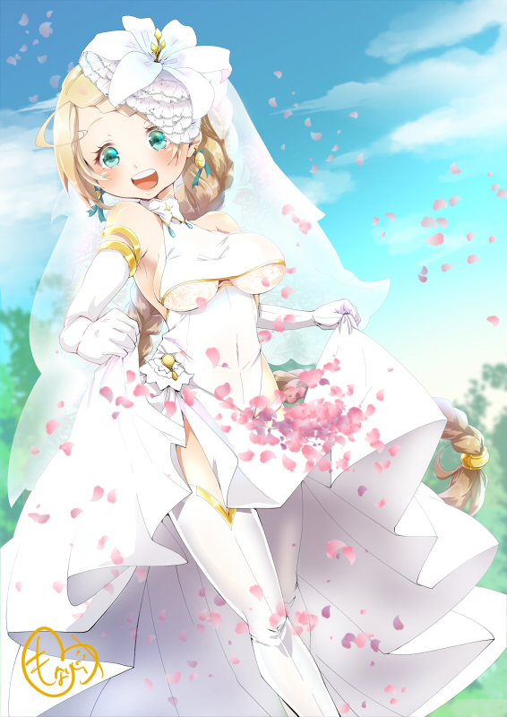 1girl, blonde_hair, blue_sky, braid, braided_bangs, breasts, clothes_lift, day