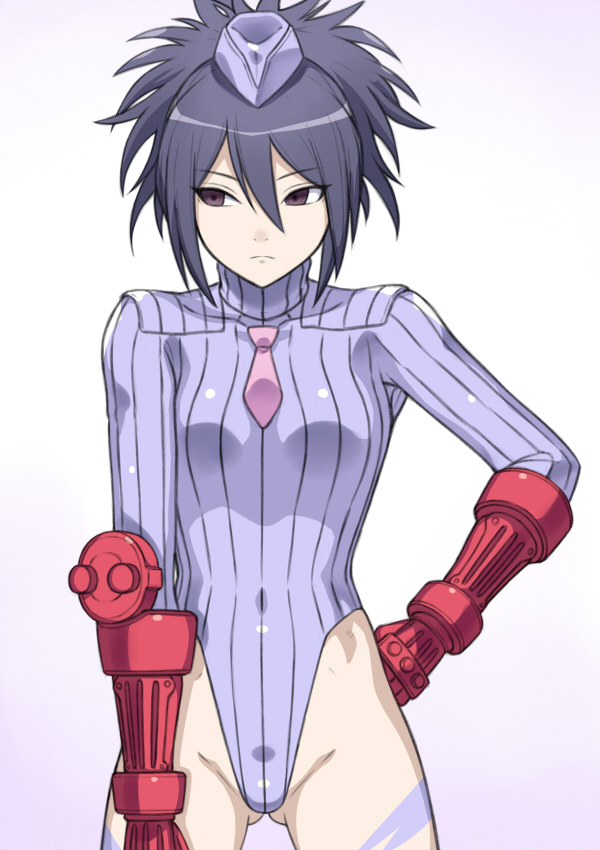 1girl, black_hair, breasts, brown_eyes, cammy_white_(cosplay), cosplay, cowboy_shot, female_focus, fingerless_gloves, fujibayashi_sheena, garrison_cap, gloves, gluteal_fold, hai_(h81908190), hat, lavender_leotard, leotard, long_hair, looking_to_the_side, necktie, pink_necktie, ponytail, red_gloves, ribbed_leotard, shadaloo_dolls, simple_background, small_breasts, solo, street_fighter, tales_of_(series), tales_of_symphonia, white_background