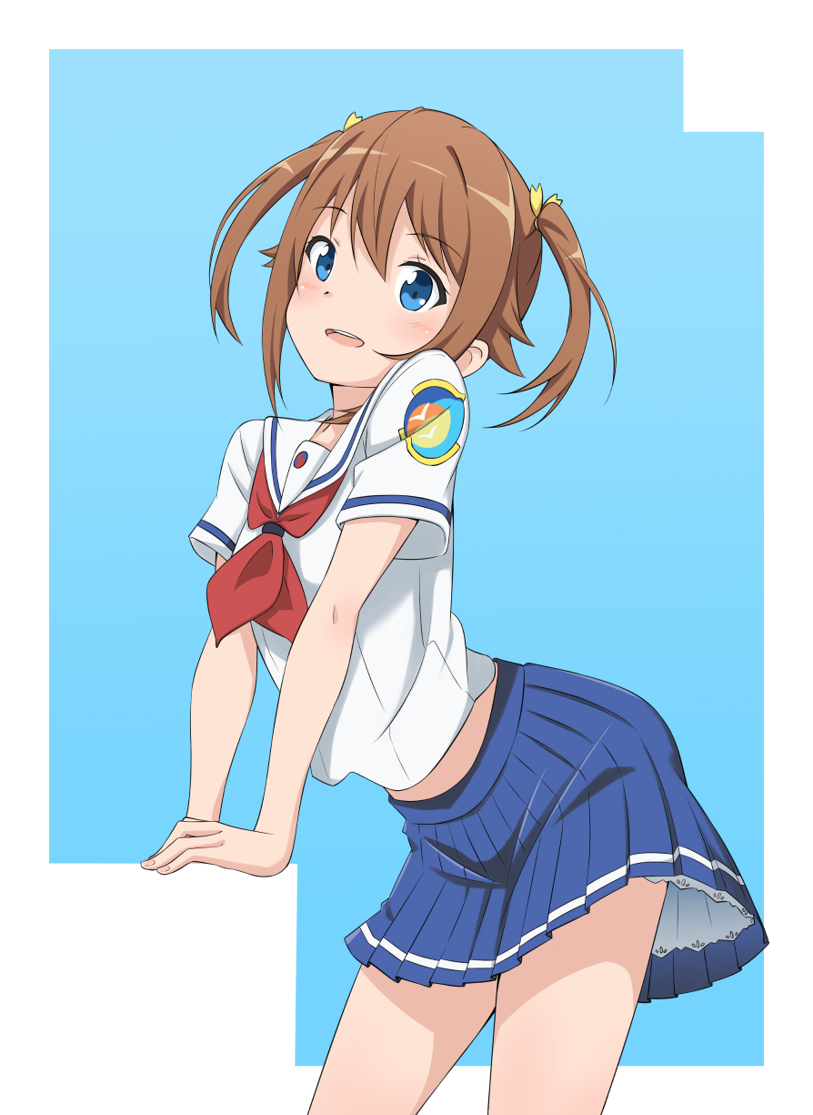 1girl, badge, blue_background, blue_eyes, blue_skirt, brown_hair, commentary_request, cowboy_shot