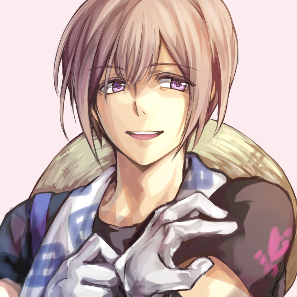 1boy, :d, gloves, grey_background, hair_between_eyes, hat, hat_on_back, jin_(phoenixpear)