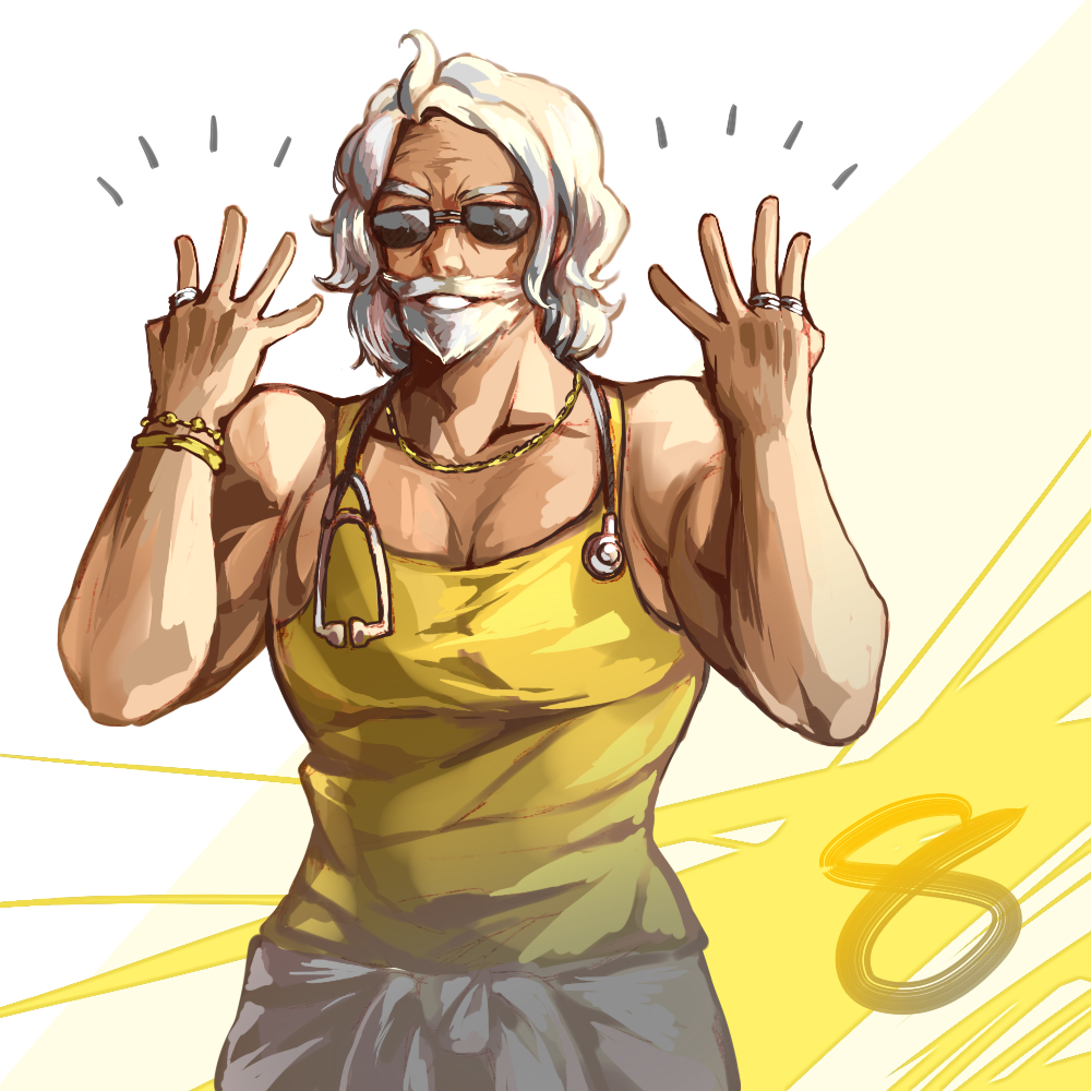 1boy, beard, bracelet, collarbone, facial_hair, grin, ichiyou_mamoru, jewelry, jin_(phoenixpear), male_focus, mustache, ring, silver_hair, sleeveless, smile, solo, stethoscope, sunglasses, tank_top, upper_body, white_background, yellow_tank_top, zanki_zero