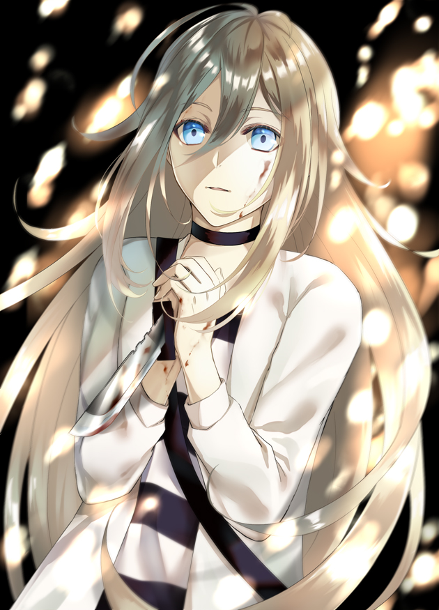 1girl, blonde_hair, blood, blood_on_face, bloody_knife, blue_eyes, choker, female_focus