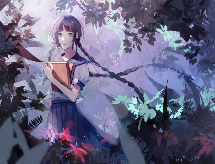 1girl, bad_id, bad_pixiv_id, black_eyes, blue_skirt, blunt_bangs, book, braid