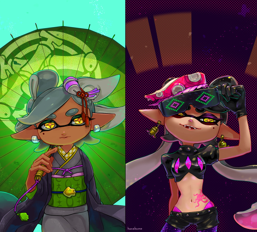 +_+, 2girls, arm_behind_back, arm_up, artist_name, black_collar, black_gloves, black_hair