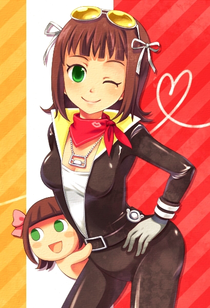 00s, amami_haruka, ascot, brown_hair, chibi, green_eyes, hair_ribbon, idolmaster