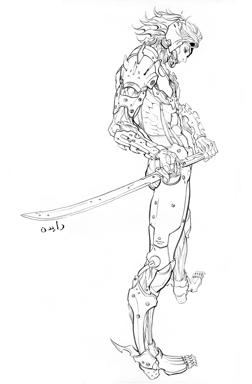 1boy, cyborg, greyscale, hao_&amp;_su, highres, holding, holding_sword, holding_weapon