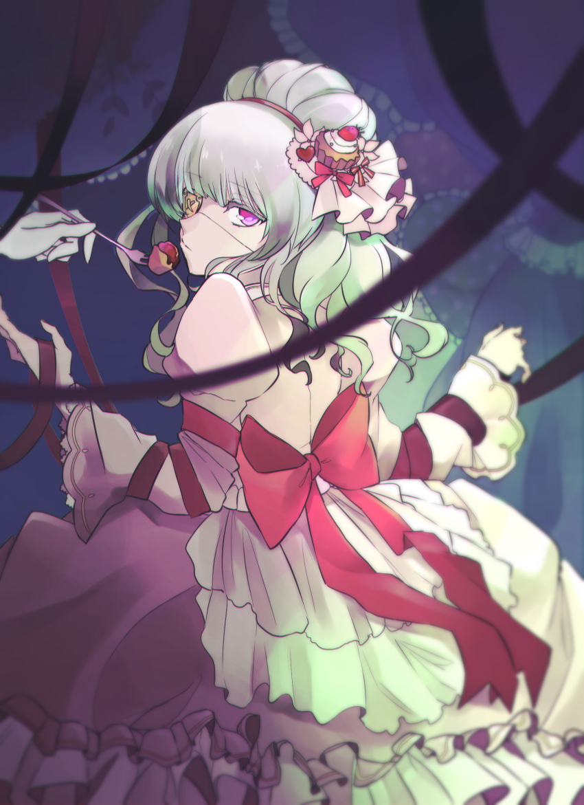 1boy, absurdres, alternate_costume, blue_hair, blunt_bangs, blurry, bow, cowboy_shot