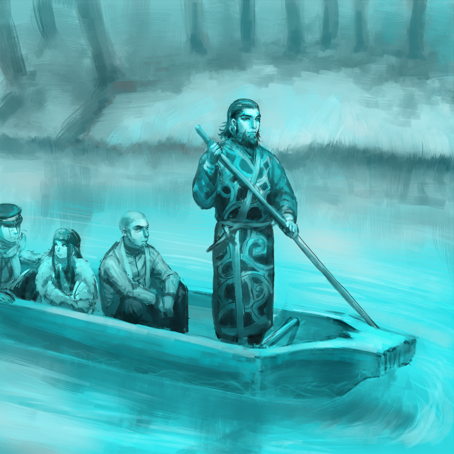 1boy, 3boys, ainu_clothes, aqua_theme, asirpa, bad_id, bad_pixiv_id, black_hair