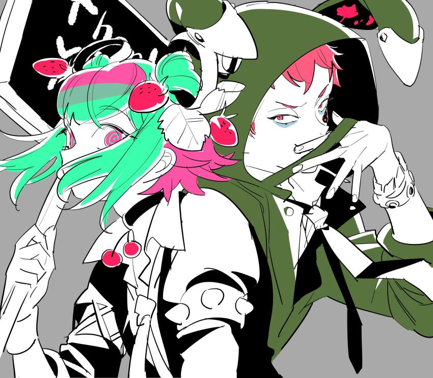 2boys, animal_hood, bandaid, bandaid_on_face, belga_(senjuushi), bracelet, rabbit_hood, choker, double_bun, green_hair, highres, hood, hood_up, jewelry, kinako_(marubotan), looking_at_viewer, male_focus, mask, unworn_mask, multicolored_hair, multiple_boys, necktie, ninety_(senjuushi), pink_eyes, pink_hair, senjuushi:_the_thousand_noble_musketeers, senjuushi_(series), short_hair, sketch, two-tone_hair