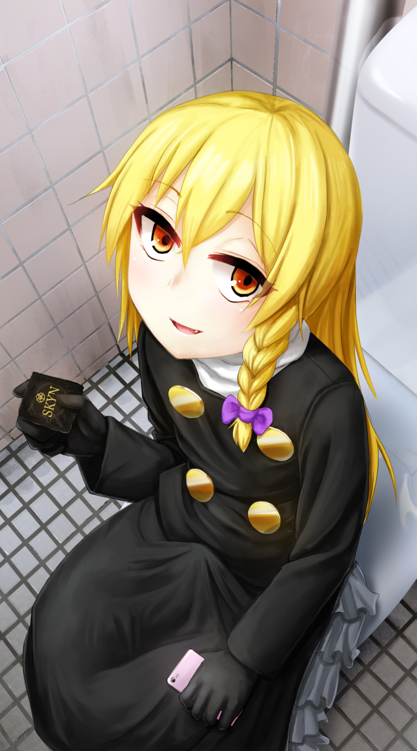 1boy, bad_id, bad_pixiv_id, black_dress, blonde_hair, braid, bulge, cellphone, commentary, condom, condom_wrapper, cookie_(touhou), dress, erection, erection_under_clothes, fang, gloves, highres, holding, kirisame_marisa, long_dress, long_hair, looking_at_viewer, male_focus, nekonekosan_(kemushima3), orange_eyes, phone, rei_(cookie), single_braid, sitting, smartphone, toilet, touhou, trap