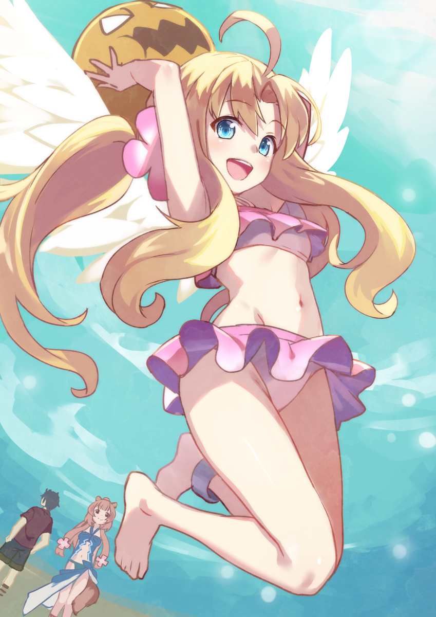1boy, 2girls, :d, ahoge, animal_ears, arms_up, ball, barefoot, beach, beachball, bikini, bird_wings, blonde_hair, blue_eyes, blue_sky, blush, breasts, brown_hair, day, feet, filo_(tate_no_yuusha_no_nariagari), frilled_bikini, frills, full_body, happy, highres, holding, holding_ball, iwatani_naofumi, jumping, long_hair, multiple_girls, navel, open_mouth, pink_bikini, raccoon_ears, raccoon_girl, raccoon_tail, raphtalia, sky, small_breasts, smile, swimsuit, tail, tate_no_yuusha_no_nariagari, tokumaro, twintails, very_long_hair, wings