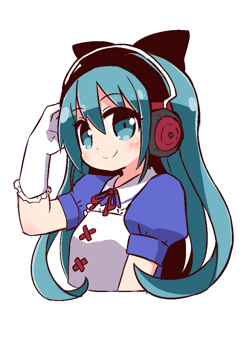 1girl, arm_up, ayasaki_yuu_(band_brothers), black_bow, blue_eyes, blue_hair, blue_shirt, blush