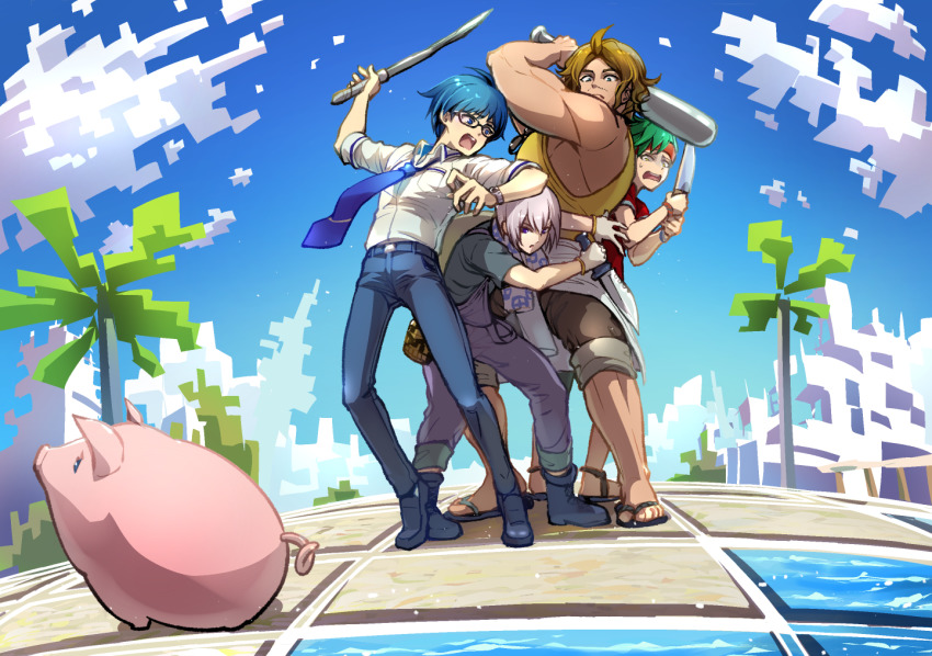 4boys, arms_up, black-framed_eyewear, blue_footwear, blue_hair, blue_neckwear, blue_pants, blue_sky