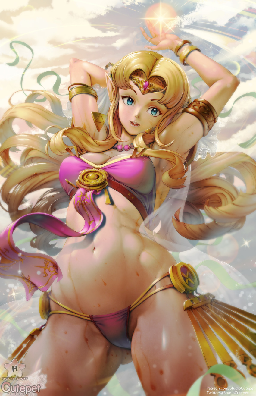 1girl, bikini, blonde_hair, blue_eyes, blush, breasts, circlet, cutepet, female_focus, forehead_jewel, highres, looking_at_viewer, magic, multi-strapped_bikini, navel, nintendo, ocean, pointy_ears, princess_zelda, smile, solo, super_smash_bros., swimsuit, the_legend_of_zelda, the_legend_of_zelda:_a_link_between_worlds, triforce, water