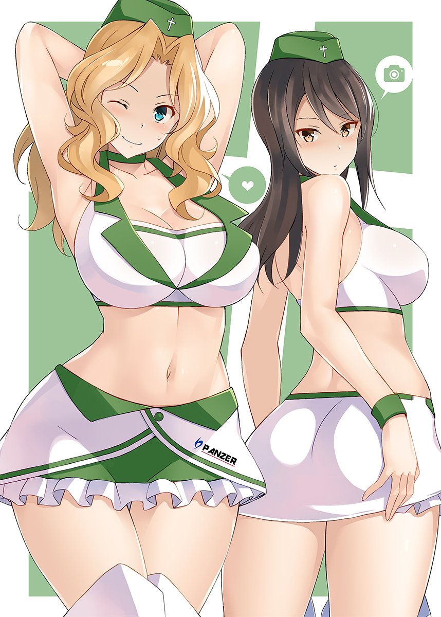 2girls, arms_up, ass, blonde_hair, blue_eyes, boots, breasts, brown_eyes