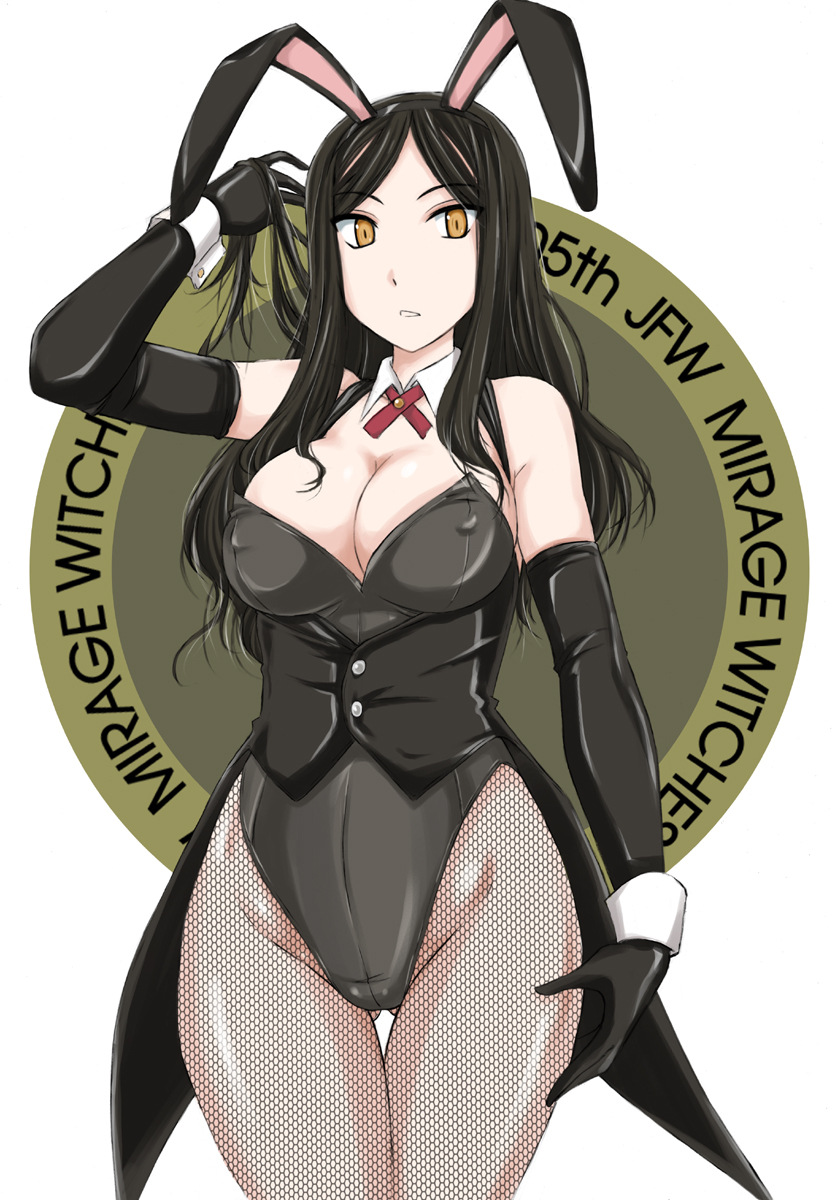 1girl, 505th_joint_fighter_wing_(emblem), animal_ears, arm_up, black_gloves, black_hair, black_leotard, black_pantyhose, breasts, cleavage, coattails, collar, commentary, constantia_cantacuzino, covered_erect_nipples, cowboy_shot, detached_collar, elbow_gloves, english_text, fake_animal_ears, female_focus, fishnet_pantyhose, fishnets, gloves, gluteal_fold, groin, hand_in_own_hair, hand_on_own_thigh, highres, large_breasts, leotard, long_hair, looking_at_viewer, neck_ribbon, orange_eyes, pantyhose, parted_lips, playboy_bunny, rabbit_ears, ribbon, solo, standing, strapless, strapless_leotard, swept_bangs, tailcoat, thigh_gap, thighs, underbust, wan'yan_aguda, white_collar, white_ribbon, wing_collar, world_witches_series, wrist_cuffs
