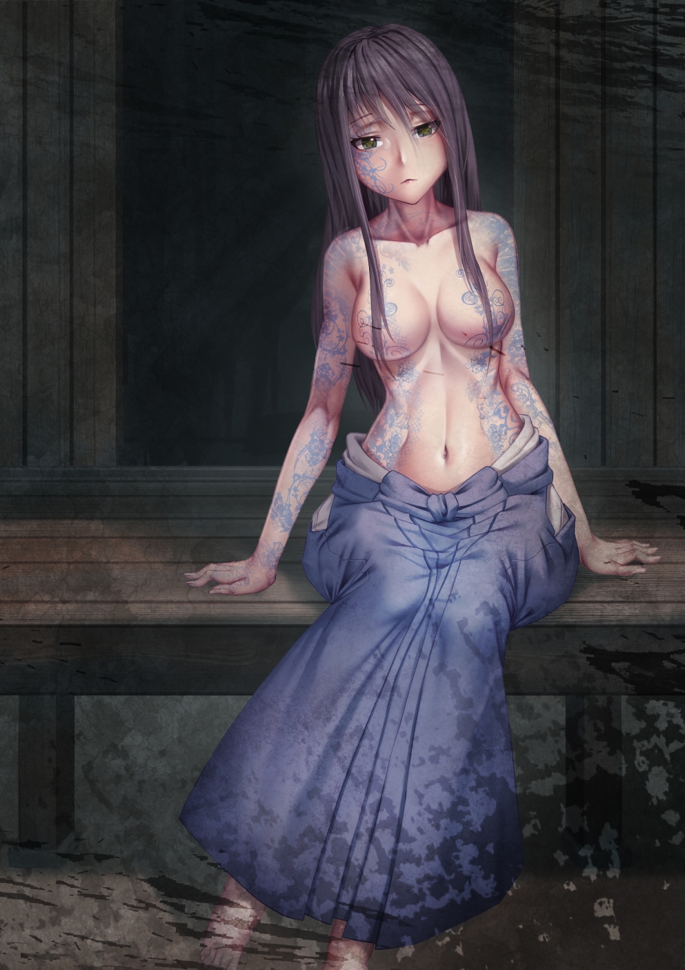 1girl, architecture, black_hair, blue_hakama, breasts, breasts_apart, brown_eyes, clothing_cutout