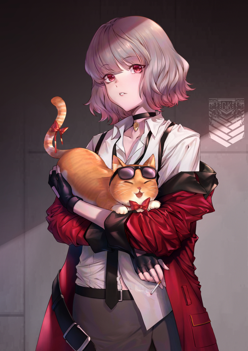 1girl, absurdres, animalization, bow, bowtie, cat, cat_tail, chinese_commentary, choker, cigarette, comic, commentary_request, cosplay, eyewear_on_head, fingerless_gloves, gentiane_(girls'_frontline), girls'_frontline, gloves, griffin_&amp;_kryuger_military_uniform, highres, jacket, unworn_jacket, kalina_(girls'_frontline), kalina_(girls'_frontline)_(cosplay), kalinya, leon_v, multicolored_hair, necktie, pink_hair, red_eyes, red_jacket, ribbon, shirt, silent_comic, streaked_hair, sunglasses, suspenders, tail, two-tone_hair, white_shirt