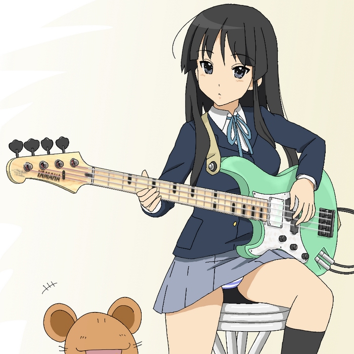 00s, 1girl, akiyama_mio, bass_guitar, black_hair, blunt_bangs, female_focus, gradient_background, grey_eyes, guitar, henkuma, hime_cut, instrument, k-on!, long_hair, panties, pantyshot, school_uniform, solo, stool, striped_clothes, striped_panties, underwear, upskirt, yamaha_attitude
