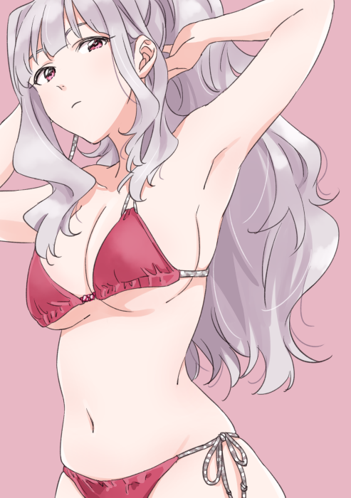 armpits, arms_up, bikini, breasts, cleavage, closed_mouth, collarbone, demirinz