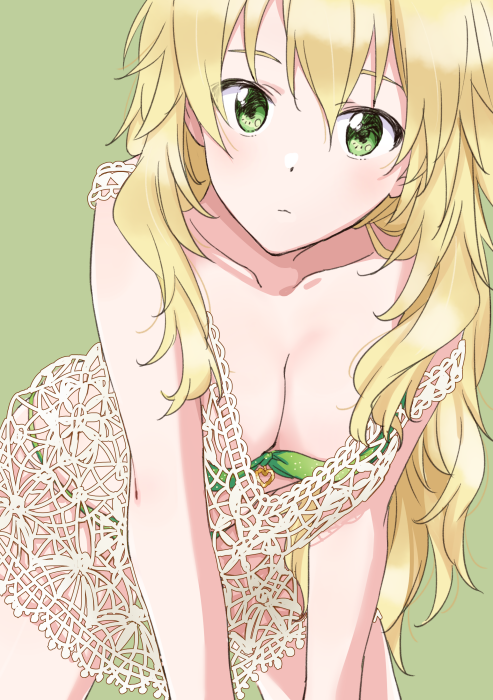1girl, all_fours, bikini, blonde_hair, breasts, cleavage, closed_mouth, collarbone
