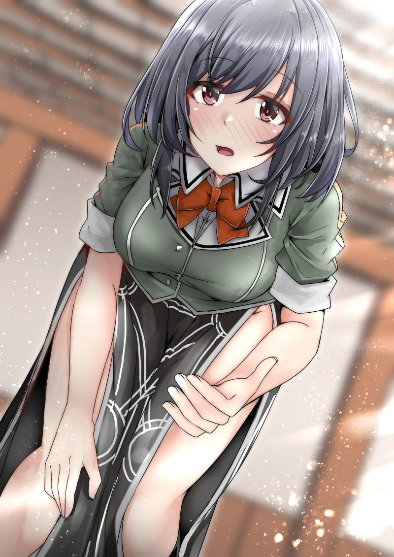 1girl, aga_marino, alternate_costume, bad_id, bad_pixiv_id, bent_over, black_hair, blush