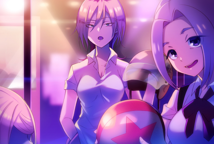 3girls, :d, anna_(watamote), bags_under_eyes, collared_shirt, hakka0320, helmet, holding