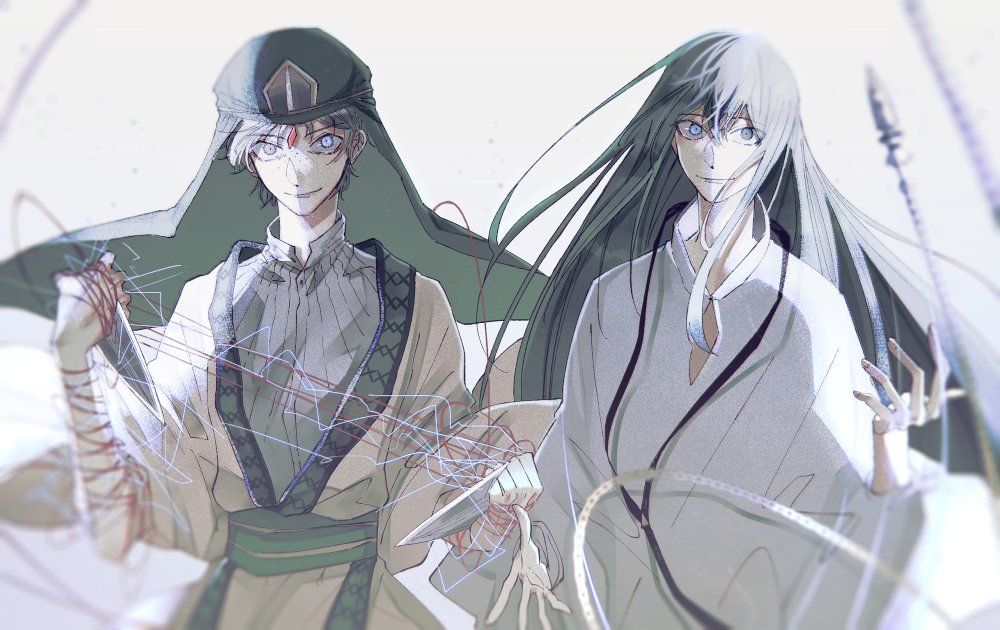 1boy, 1other, androgynous, blue_eyes, crossover, dress, enkidu_(fate), fate/grand_order