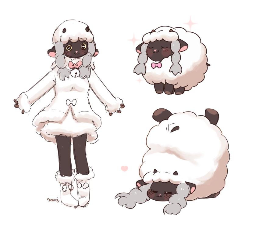 1girl, animal_ears, blush, braid, closed_eyes, creature, creature_and_personification, full_body, gen_8_pokemon, highres, horns, long_sleeves, looking_at_viewer, nintendo, pantyhose, personification, pokemon, pokemon_(creature), pokemon_sword_and_shield, scorsheep, sheep, short_hair, simple_background, smile, sparkle, standing, twin_braids, wool_dress, wooloo