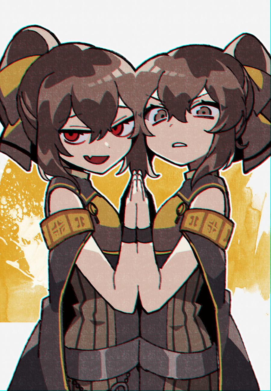 2girls, armor, breastplate, brown_eyes, brown_hair, chromatic_aberration, delthea_(fire_emblem), delthea_(tatarrah's_puppet)_(fire_emblem), dress, dual_persona, fire_emblem, fire_emblem_echoes:_shadows_of_valentia, fire_emblem_heroes, friedbirdchips, from_side, frown, highres, holding_hands, long_hair, looking_to_the_side, multiple_girls, nintendo, open_mouth, ponytail, red_eyes, symmetry, white_background