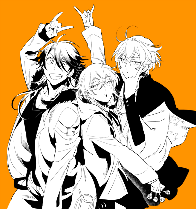 3boys, :d, :o, \m/, amemura_ramuda, arisugawa_dice, arm_up, beads