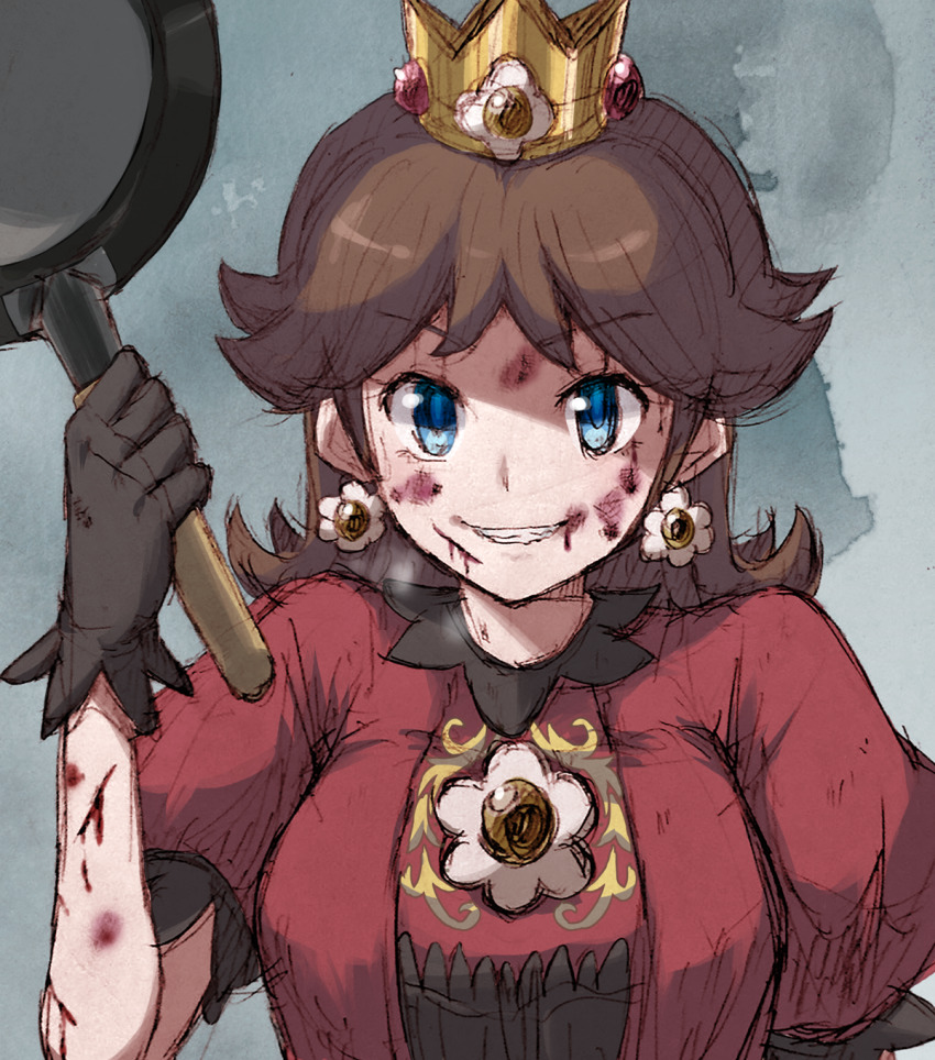 1girl, alternate_color, black_gloves, blood, blood_on_face, blue_eyes, brooch, brown_hair, bruise, crown, earrings, female_focus, flipped_hair, flower_earrings, frying_pan, gloves, grin, highres, holding, holding_frying_pan, injury, jewelry, looking_at_viewer, mario_(series), missou_shiro, nintendo, princess, princess_daisy, puffy_short_sleeves, puffy_sleeves, short_hair, short_sleeves, smile, solo, super_mario_land, super_smash_bros., teeth, upper_body