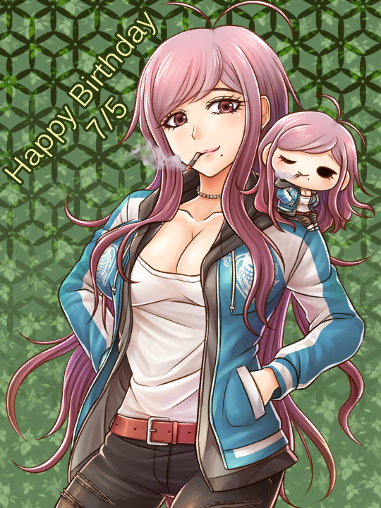 1girl, antenna_hair, belt, belt_buckle, black_pants, blue_jacket, breasts, brown_eyes, buckle, character_doll, cleavage, collarbone, cowboy_shot, danganronpa_(series), doll, doll_on_shoulder, female_focus, floating_hair, green_background, hagakure_hiroko, hands_in_pockets, happy_birthday, hood, hooded_jacket, jacket, jewelry, long_hair, long_sleeves, looking_at_viewer, medium_breasts, mole, mole_under_eye, mole_under_mouth, mouth_hold, necklace, open_clothes, open_jacket, pants, pink_hair, red_belt, shirt, smile, smoking, solo, standing, straight_hair, swept_bangs, very_long_hair, white_shirt, yumaru_(marumarumaru)