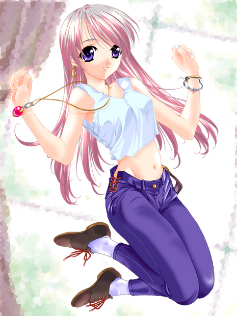 bracelet, hinoe_riho, jewelry, jumping, long_hair, midriff, navel, original