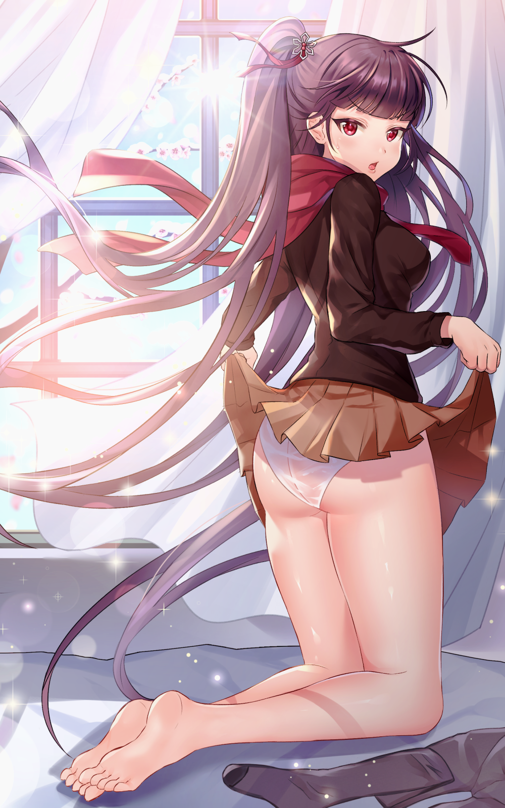 1girl, absurdly_long_hair, ass, bad_id, bad_pixiv_id, bare_legs, barefoot, black_shirt, breasts, brown_skirt, chang_(user_rpea4874), clothes_lift, curtains, feet, female_focus, floating_hair, flower, frown, girls'_frontline, hair_ornament, highres, lifting_own_clothes, long_hair, long_sleeves, looking_at_viewer, medium_breasts, miniskirt, one_side_up, open_mouth, panties, pleated_skirt, purple_hair, red_eyes, red_scarf, scarf, see-through_clothes, shirt, skirt, skirt_lift, soles, solo, sweat, thighs, toes, underwear, unworn_legwear, very_long_hair, wa2000_(girls'_frontline), white_panties, window